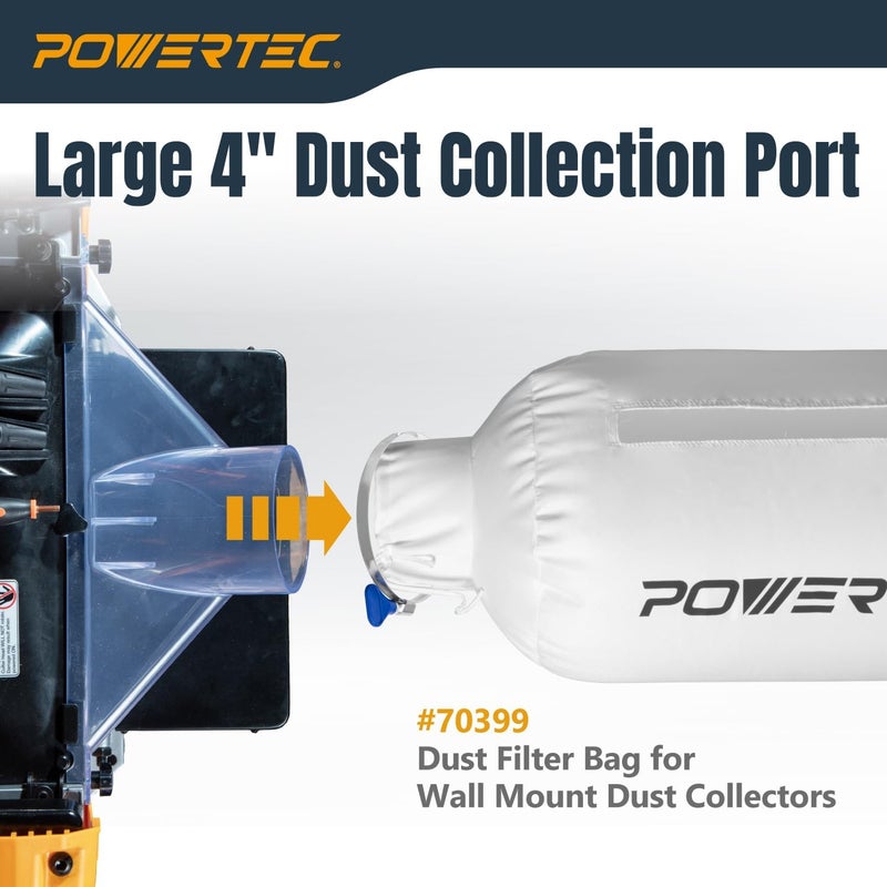 POWERTEC 70474 4 بوصة ID/OD 90 درجة كوع وكيس جامع الغبار، فلتر 30 ميكرون مع مشبك خرطوم 4 بوصة وكوع، يناسب DEWALT DW735، DW734، WEN PL1326، PL1303 وأي آلة نجارة أخرى - Image 2